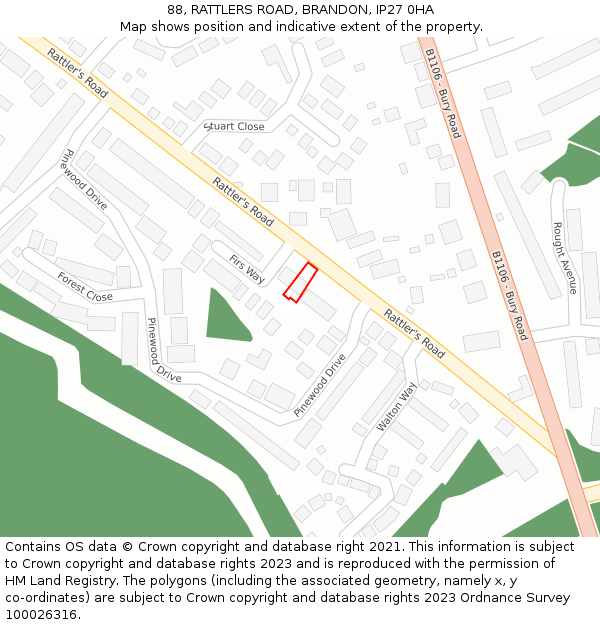 88, RATTLERS ROAD, BRANDON, IP27 0HA: Location map and indicative extent of plot