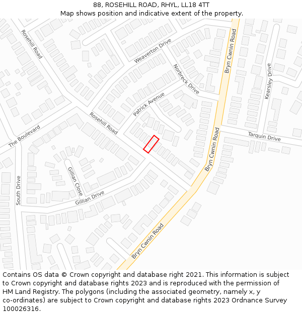 88, ROSEHILL ROAD, RHYL, LL18 4TT: Location map and indicative extent of plot