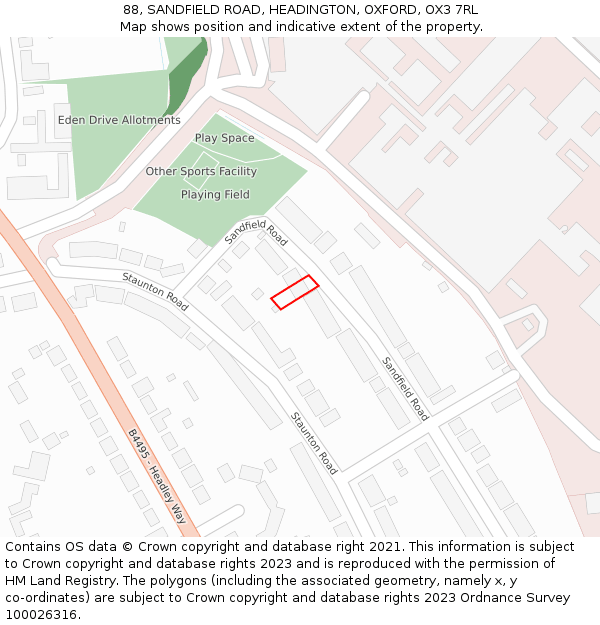 88, SANDFIELD ROAD, HEADINGTON, OXFORD, OX3 7RL: Location map and indicative extent of plot