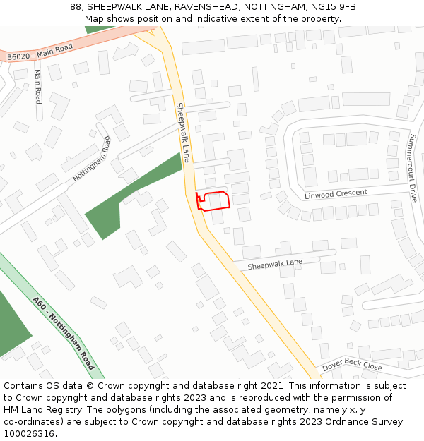 88, SHEEPWALK LANE, RAVENSHEAD, NOTTINGHAM, NG15 9FB: Location map and indicative extent of plot
