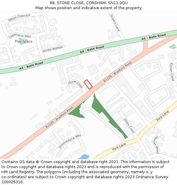 88, STONE CLOSE, CORSHAM, SN13 0QU: Location map and indicative extent of plot
