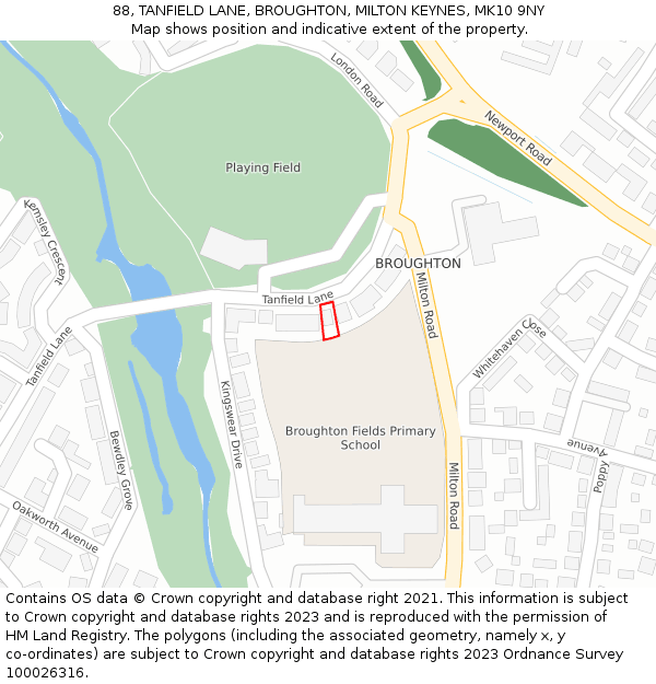 88, TANFIELD LANE, BROUGHTON, MILTON KEYNES, MK10 9NY: Location map and indicative extent of plot