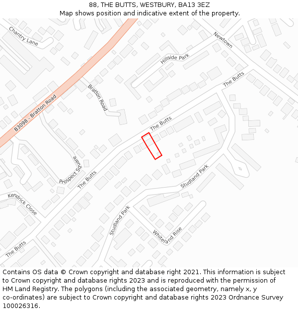 88, THE BUTTS, WESTBURY, BA13 3EZ: Location map and indicative extent of plot