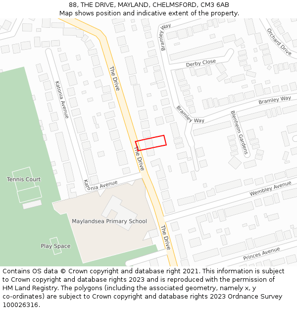 88, THE DRIVE, MAYLAND, CHELMSFORD, CM3 6AB: Location map and indicative extent of plot