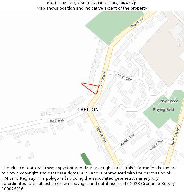 88, THE MOOR, CARLTON, BEDFORD, MK43 7JS: Location map and indicative extent of plot