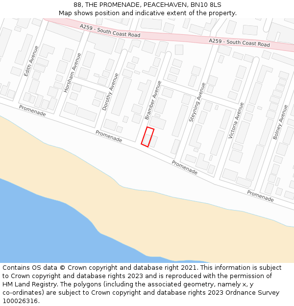 88, THE PROMENADE, PEACEHAVEN, BN10 8LS: Location map and indicative extent of plot