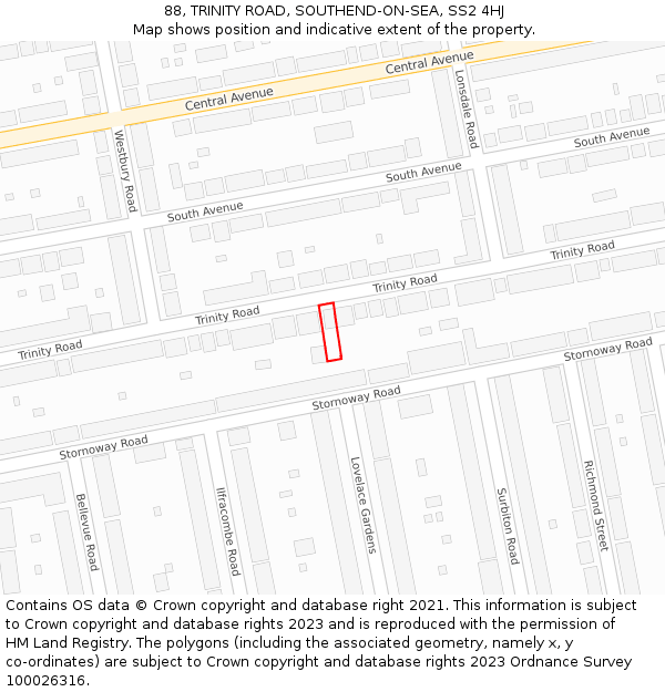 88, TRINITY ROAD, SOUTHEND-ON-SEA, SS2 4HJ: Location map and indicative extent of plot