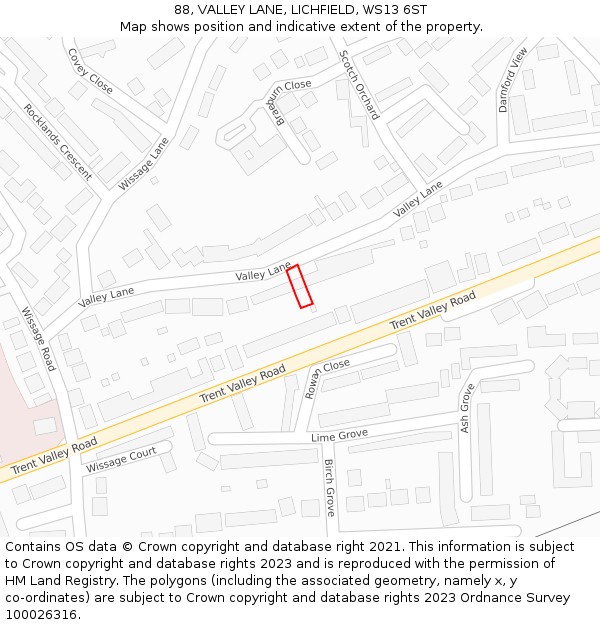 88, VALLEY LANE, LICHFIELD, WS13 6ST: Location map and indicative extent of plot