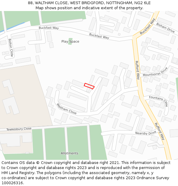 88, WALTHAM CLOSE, WEST BRIDGFORD, NOTTINGHAM, NG2 6LE: Location map and indicative extent of plot