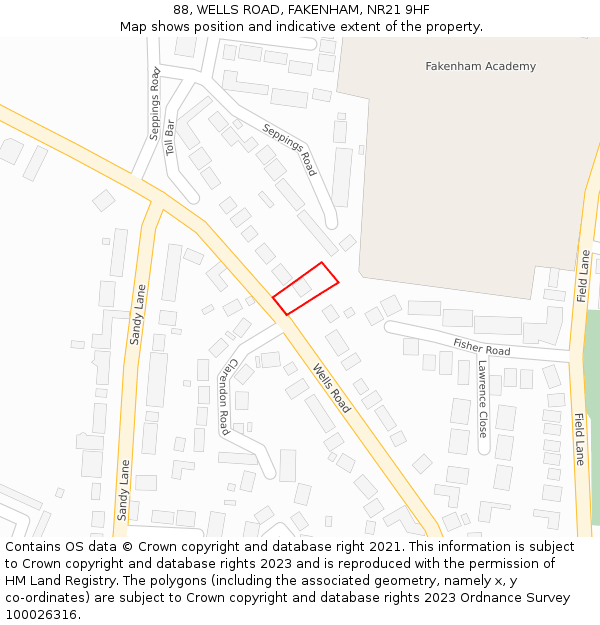 88, WELLS ROAD, FAKENHAM, NR21 9HF: Location map and indicative extent of plot