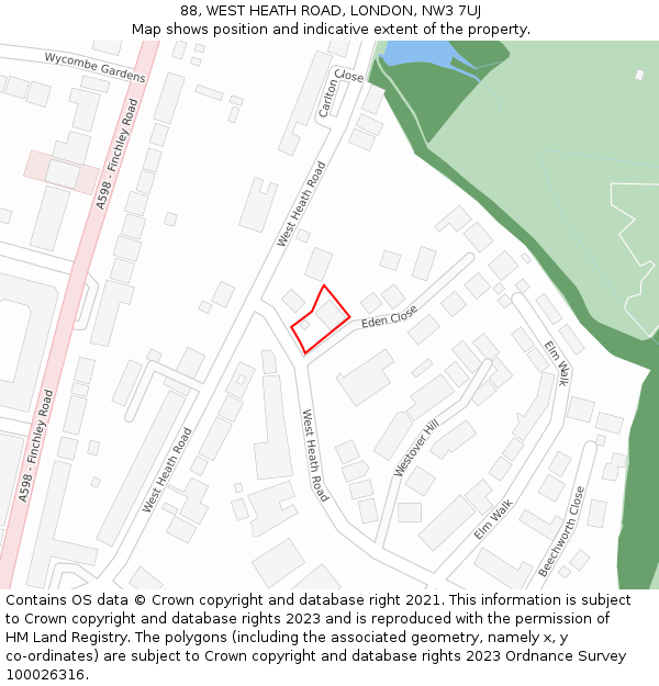 88, WEST HEATH ROAD, LONDON, NW3 7UJ: Location map and indicative extent of plot