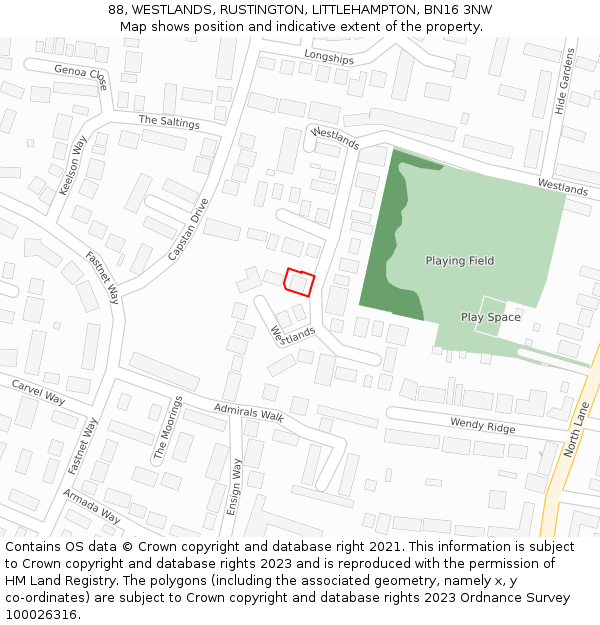 88, WESTLANDS, RUSTINGTON, LITTLEHAMPTON, BN16 3NW: Location map and indicative extent of plot