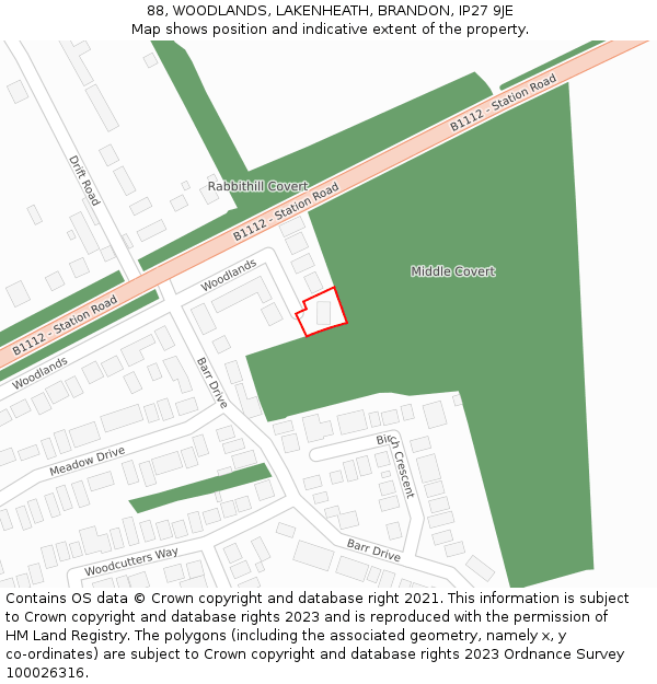 88, WOODLANDS, LAKENHEATH, BRANDON, IP27 9JE: Location map and indicative extent of plot