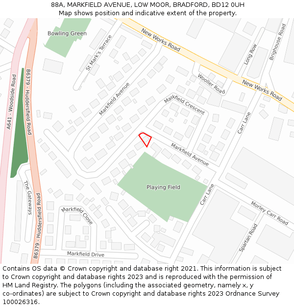 88A, MARKFIELD AVENUE, LOW MOOR, BRADFORD, BD12 0UH: Location map and indicative extent of plot