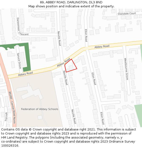 89, ABBEY ROAD, DARLINGTON, DL3 8ND: Location map and indicative extent of plot