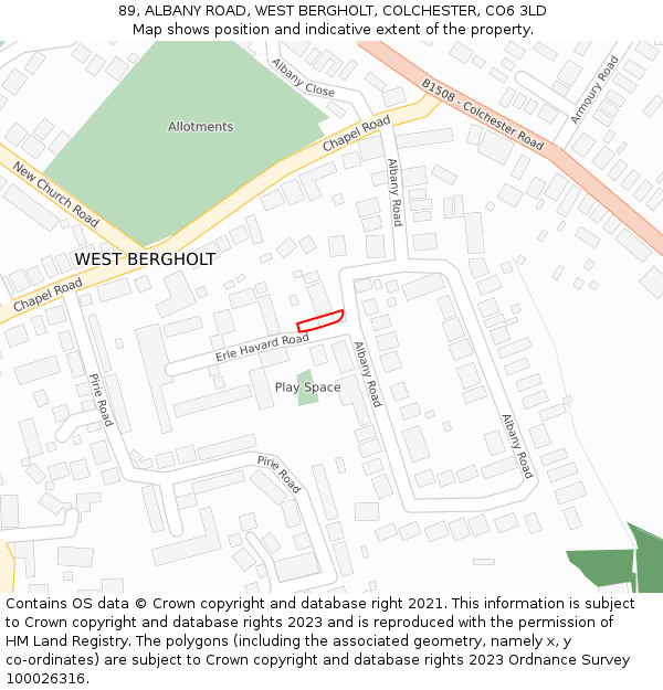 89, ALBANY ROAD, WEST BERGHOLT, COLCHESTER, CO6 3LD: Location map and indicative extent of plot