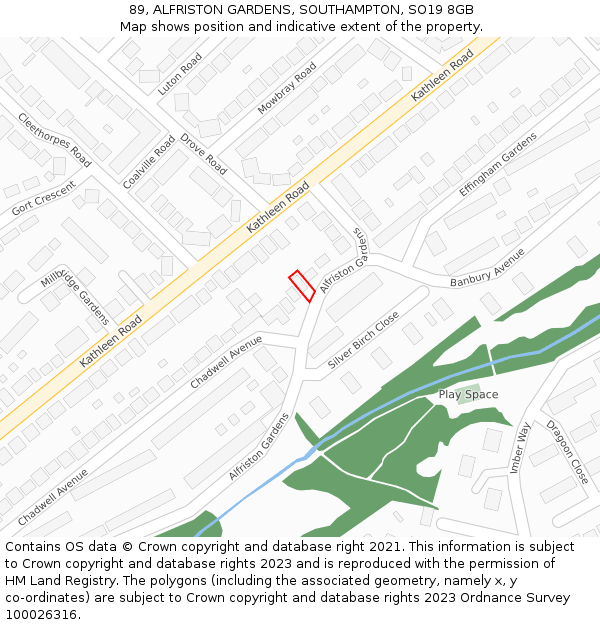 89, ALFRISTON GARDENS, SOUTHAMPTON, SO19 8GB: Location map and indicative extent of plot