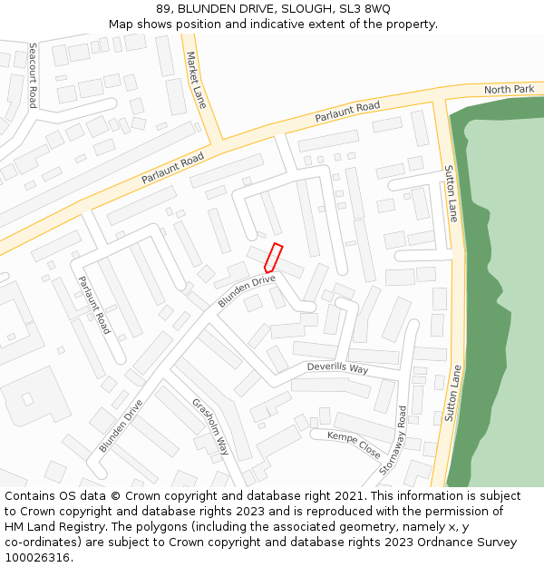 89, BLUNDEN DRIVE, SLOUGH, SL3 8WQ: Location map and indicative extent of plot