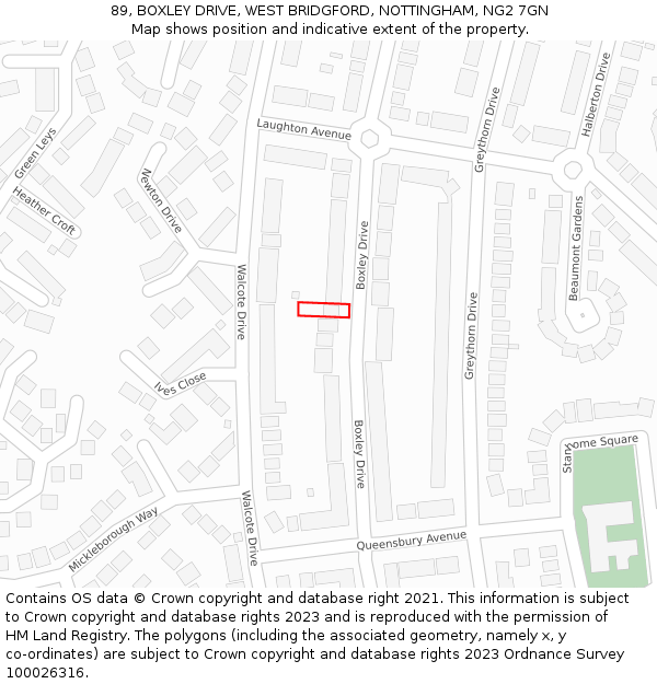 89, BOXLEY DRIVE, WEST BRIDGFORD, NOTTINGHAM, NG2 7GN: Location map and indicative extent of plot