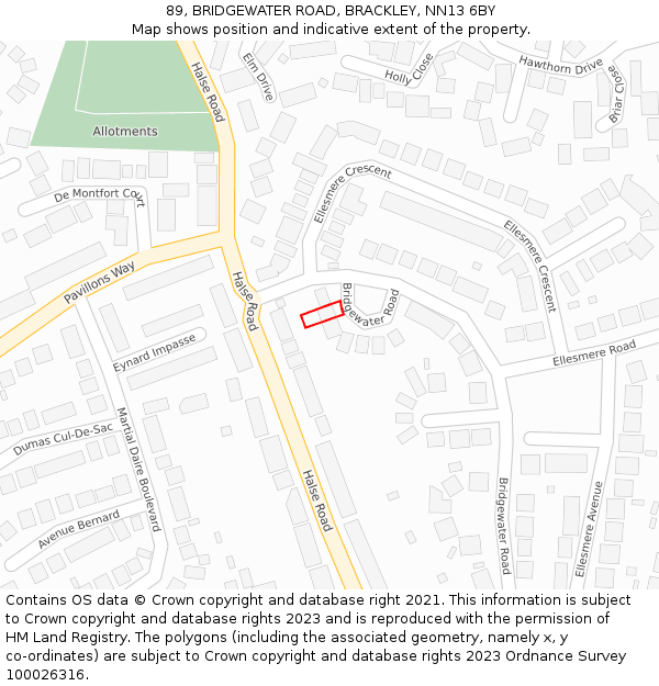 89, BRIDGEWATER ROAD, BRACKLEY, NN13 6BY: Location map and indicative extent of plot