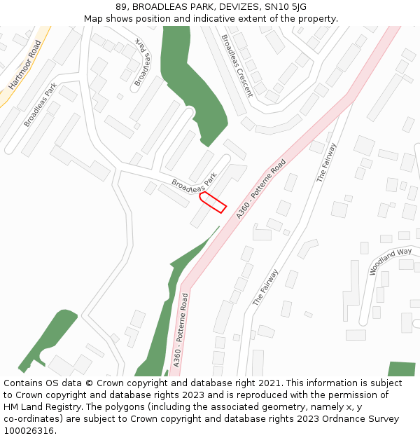 89, BROADLEAS PARK, DEVIZES, SN10 5JG: Location map and indicative extent of plot