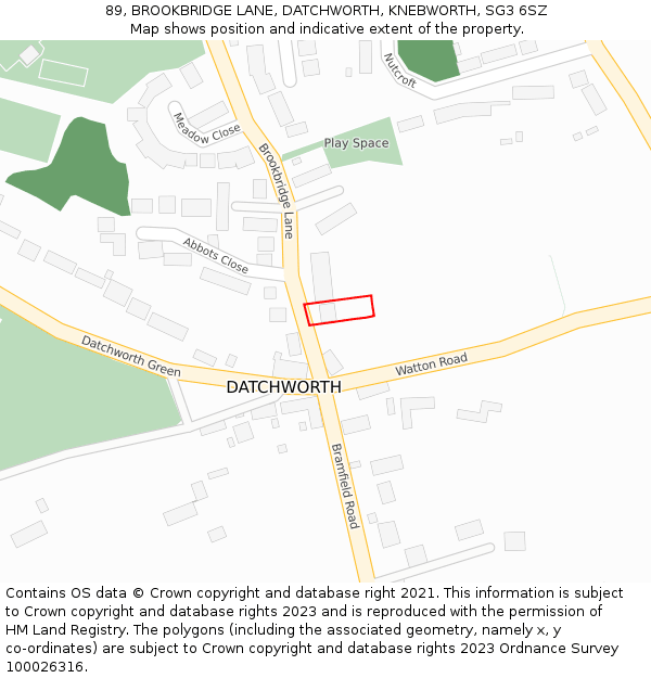 89, BROOKBRIDGE LANE, DATCHWORTH, KNEBWORTH, SG3 6SZ: Location map and indicative extent of plot