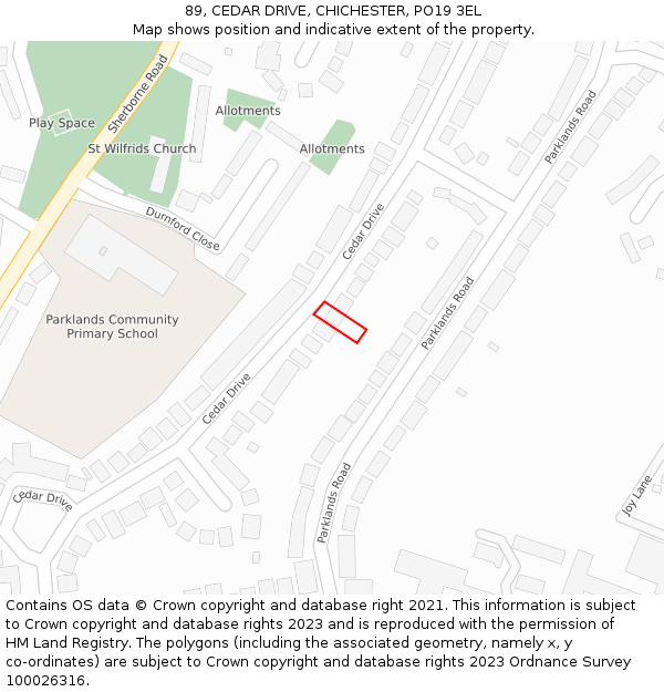 89, CEDAR DRIVE, CHICHESTER, PO19 3EL: Location map and indicative extent of plot