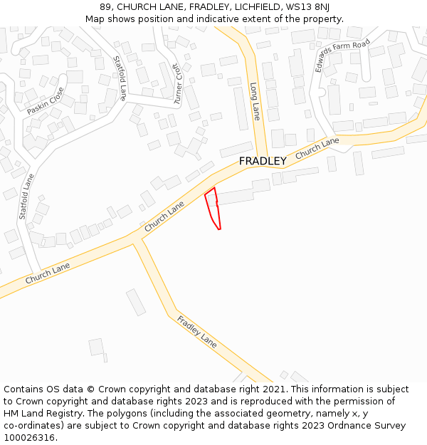 89, CHURCH LANE, FRADLEY, LICHFIELD, WS13 8NJ: Location map and indicative extent of plot