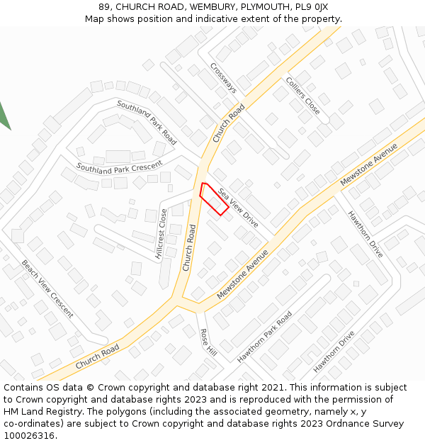 89, CHURCH ROAD, WEMBURY, PLYMOUTH, PL9 0JX: Location map and indicative extent of plot