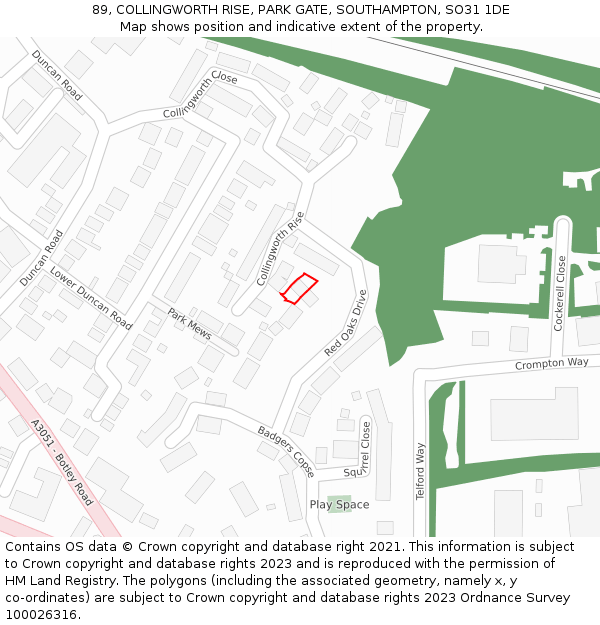 89, COLLINGWORTH RISE, PARK GATE, SOUTHAMPTON, SO31 1DE: Location map and indicative extent of plot