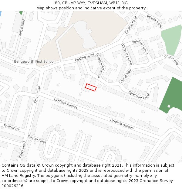 89, CRUMP WAY, EVESHAM, WR11 3JG: Location map and indicative extent of plot