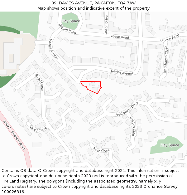 89, DAVIES AVENUE, PAIGNTON, TQ4 7AW: Location map and indicative extent of plot