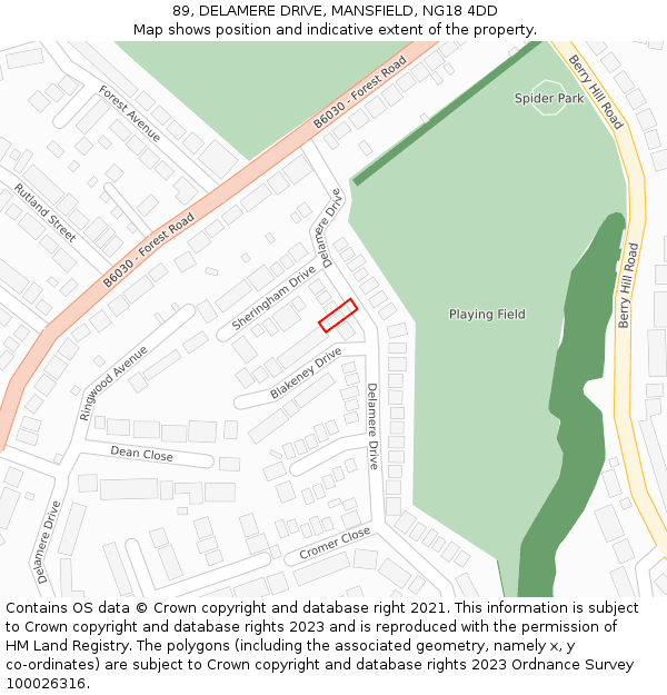89, DELAMERE DRIVE, MANSFIELD, NG18 4DD: Location map and indicative extent of plot