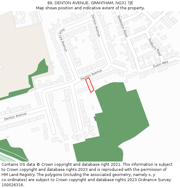 89, DENTON AVENUE, GRANTHAM, NG31 7JE: Location map and indicative extent of plot