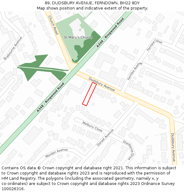 89, DUDSBURY AVENUE, FERNDOWN, BH22 8DY: Location map and indicative extent of plot