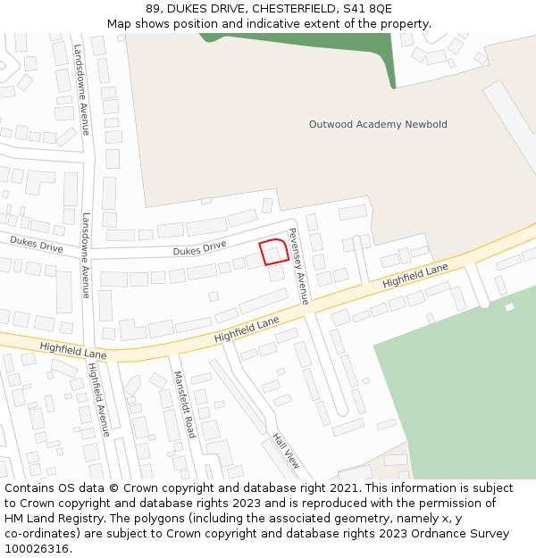 89, DUKES DRIVE, CHESTERFIELD, S41 8QE: Location map and indicative extent of plot