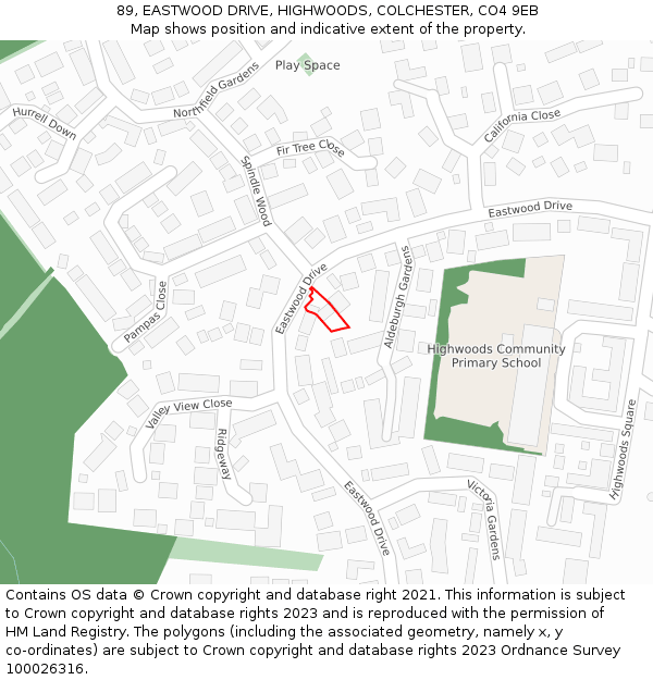 89, EASTWOOD DRIVE, HIGHWOODS, COLCHESTER, CO4 9EB: Location map and indicative extent of plot