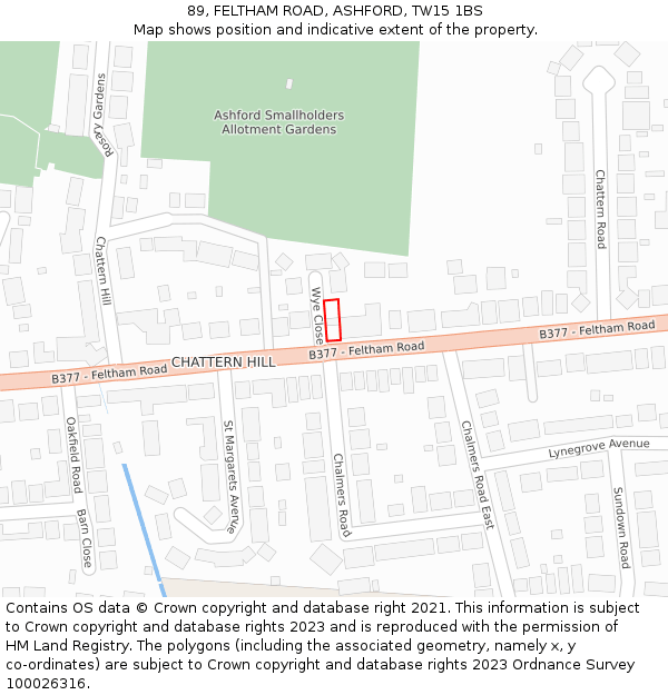 89, FELTHAM ROAD, ASHFORD, TW15 1BS: Location map and indicative extent of plot