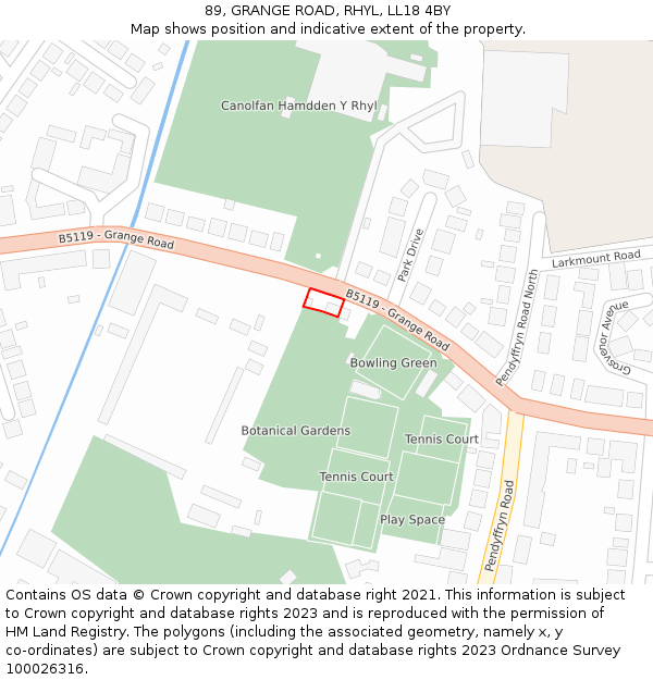 89, GRANGE ROAD, RHYL, LL18 4BY: Location map and indicative extent of plot