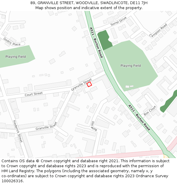 89, GRANVILLE STREET, WOODVILLE, SWADLINCOTE, DE11 7JH: Location map and indicative extent of plot