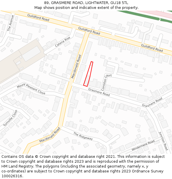 89, GRASMERE ROAD, LIGHTWATER, GU18 5TL: Location map and indicative extent of plot