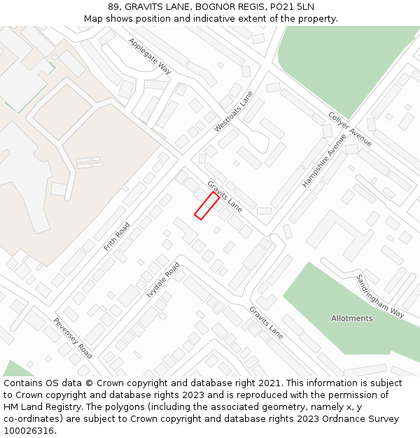 89, GRAVITS LANE, BOGNOR REGIS, PO21 5LN: Location map and indicative extent of plot