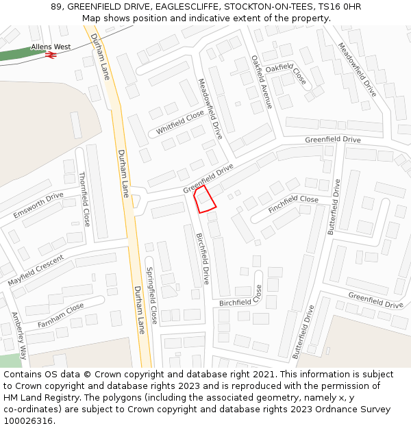 89, GREENFIELD DRIVE, EAGLESCLIFFE, STOCKTON-ON-TEES, TS16 0HR: Location map and indicative extent of plot