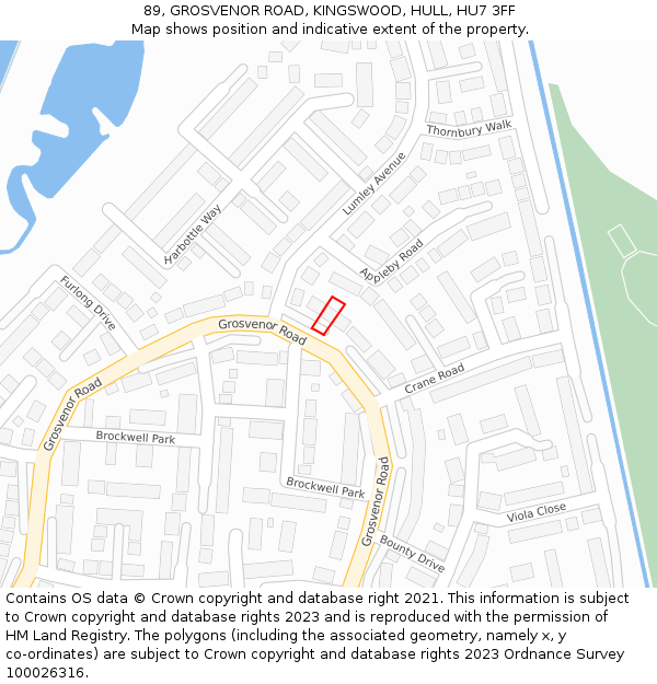 89, GROSVENOR ROAD, KINGSWOOD, HULL, HU7 3FF: Location map and indicative extent of plot
