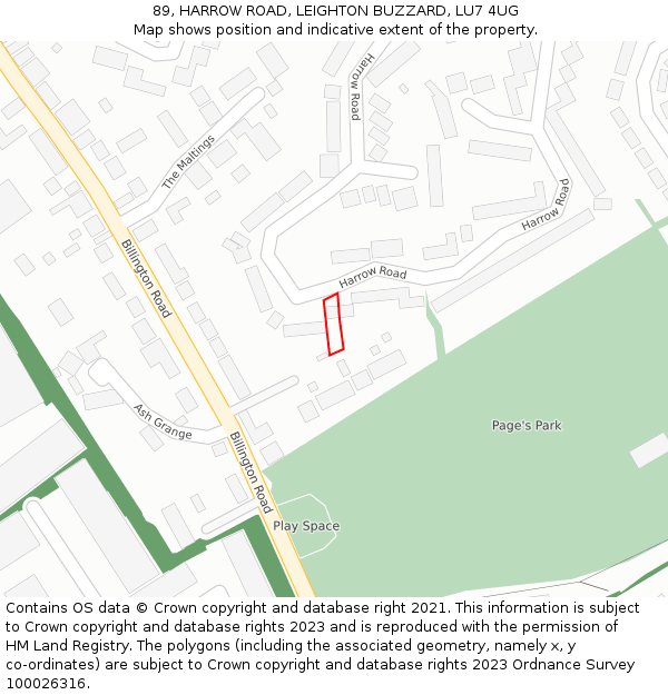 89, HARROW ROAD, LEIGHTON BUZZARD, LU7 4UG: Location map and indicative extent of plot