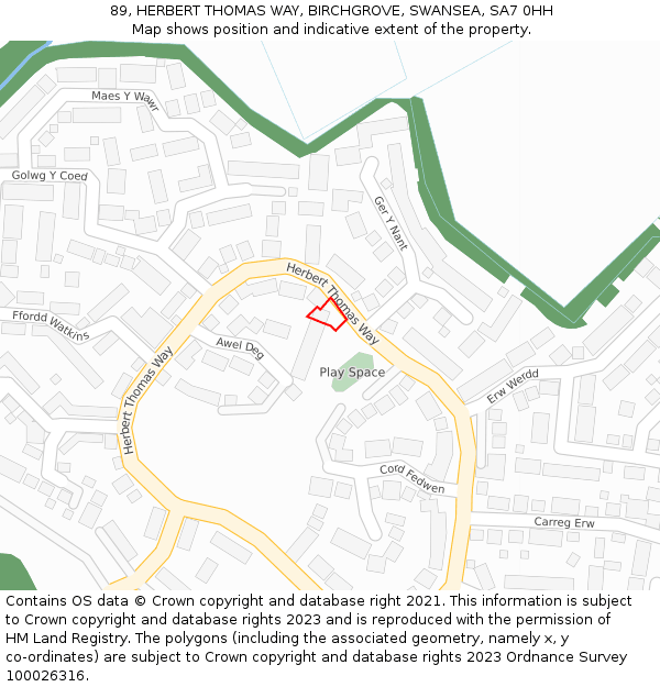 89, HERBERT THOMAS WAY, BIRCHGROVE, SWANSEA, SA7 0HH: Location map and indicative extent of plot