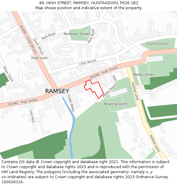 89, HIGH STREET, RAMSEY, HUNTINGDON, PE26 1BZ: Location map and indicative extent of plot