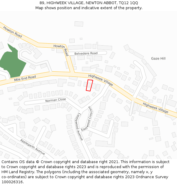 89, HIGHWEEK VILLAGE, NEWTON ABBOT, TQ12 1QQ: Location map and indicative extent of plot