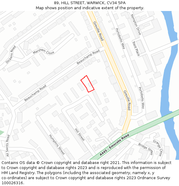 89, HILL STREET, WARWICK, CV34 5PA: Location map and indicative extent of plot