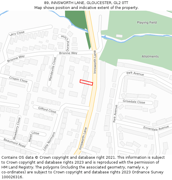 89, INNSWORTH LANE, GLOUCESTER, GL2 0TT: Location map and indicative extent of plot